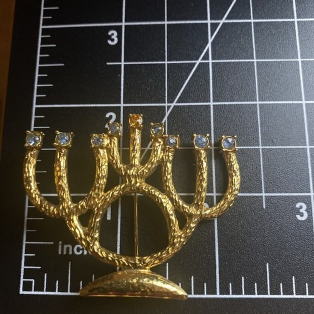 Vintage Brooch AS Hanukkah Menorah Brushed Gold Tone Pin Amber Blue Rhinestones - Picture 9 of 9